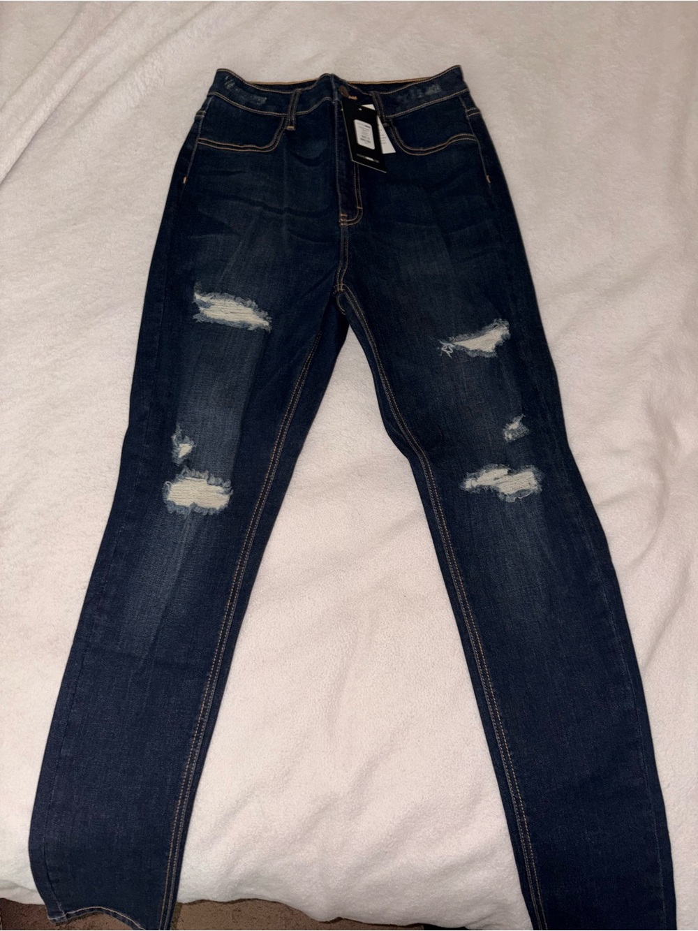 Fashion Nova Dark Blue Distressed Skinny Jeans